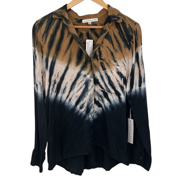 NWT Young Fabulous and Broke blue, white and tan tie-dye silky blouse size small - Picture 2 of 7
